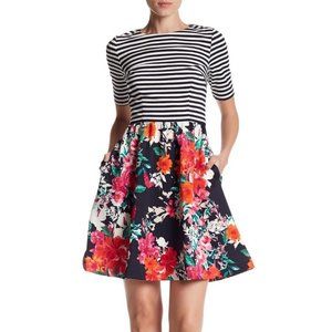 ELIZA J Navy Striped Floral Fit and Flare Dress w/pockets size 8 NWT